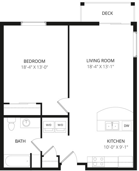 A floor plan of a small apartment with a bedroom, living room, kitchen, and bathroom.